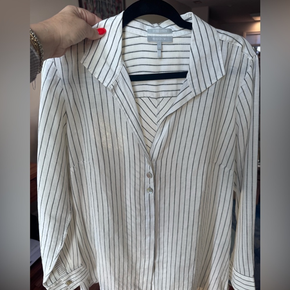 Hinson Wu Luxe Linen Tunic Blouse - Cream Pinstripe, Size 12